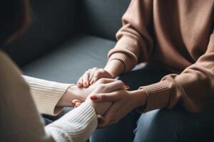 a therapist comforts a client in a PTSD treatment program